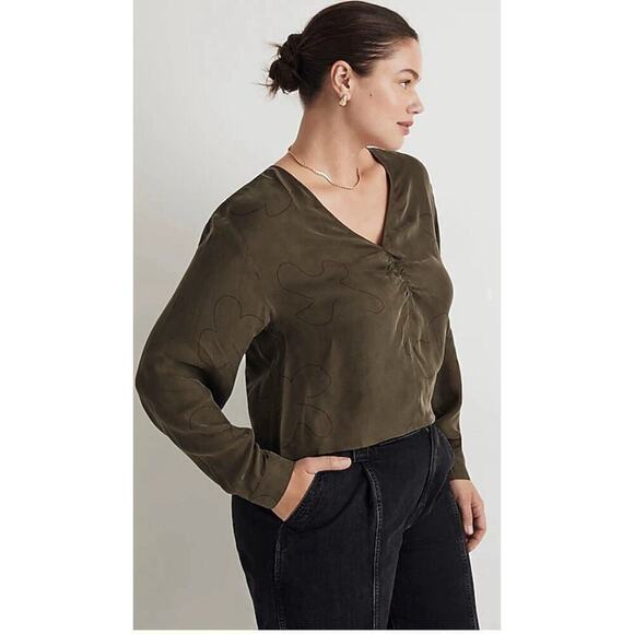 MADEWELL Womens Green Ruched Drapey Brushed Fabric V-Neck Top Sz 14 - Picture 2 of 14